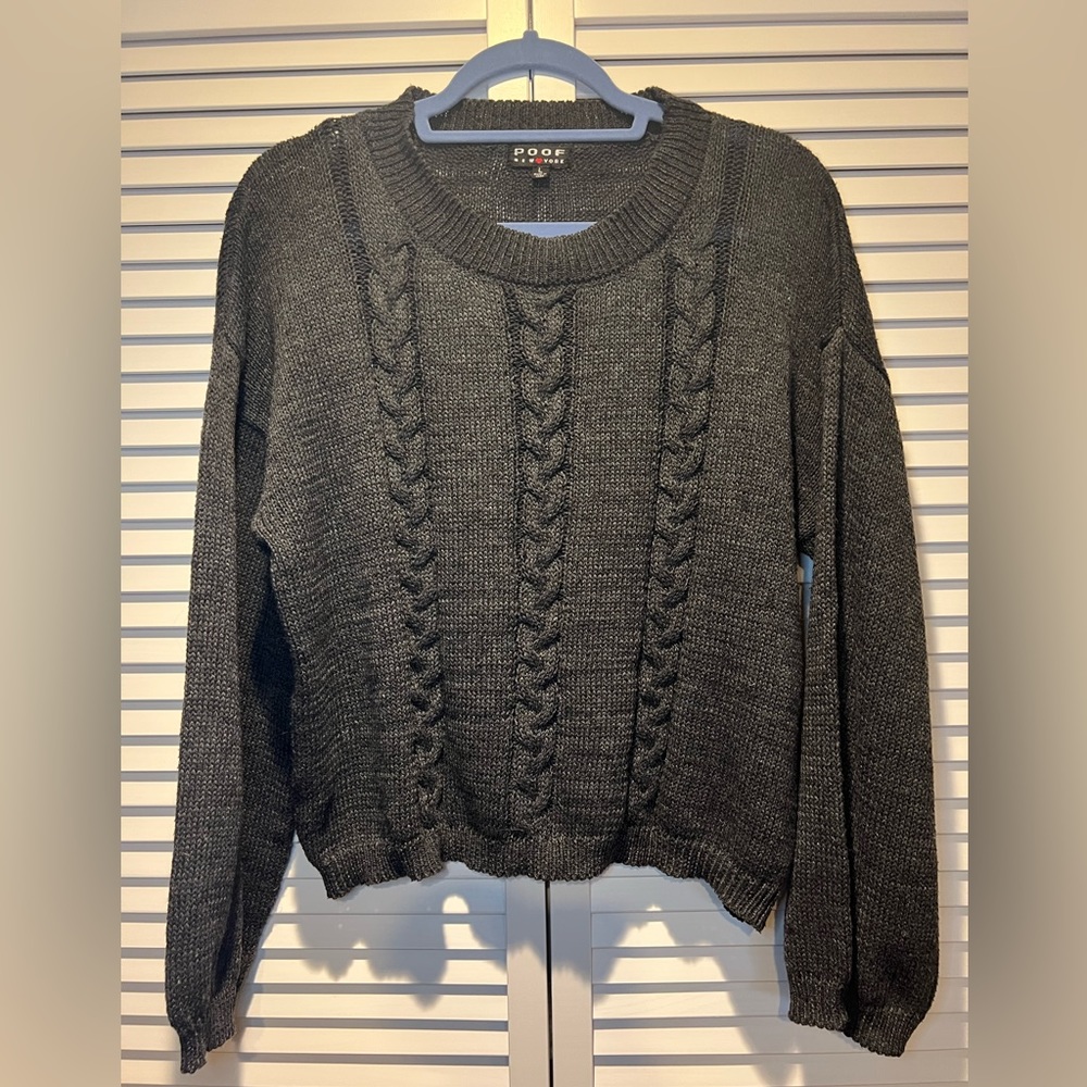 POOF NY Cropped Knit Sweater, Grey, L